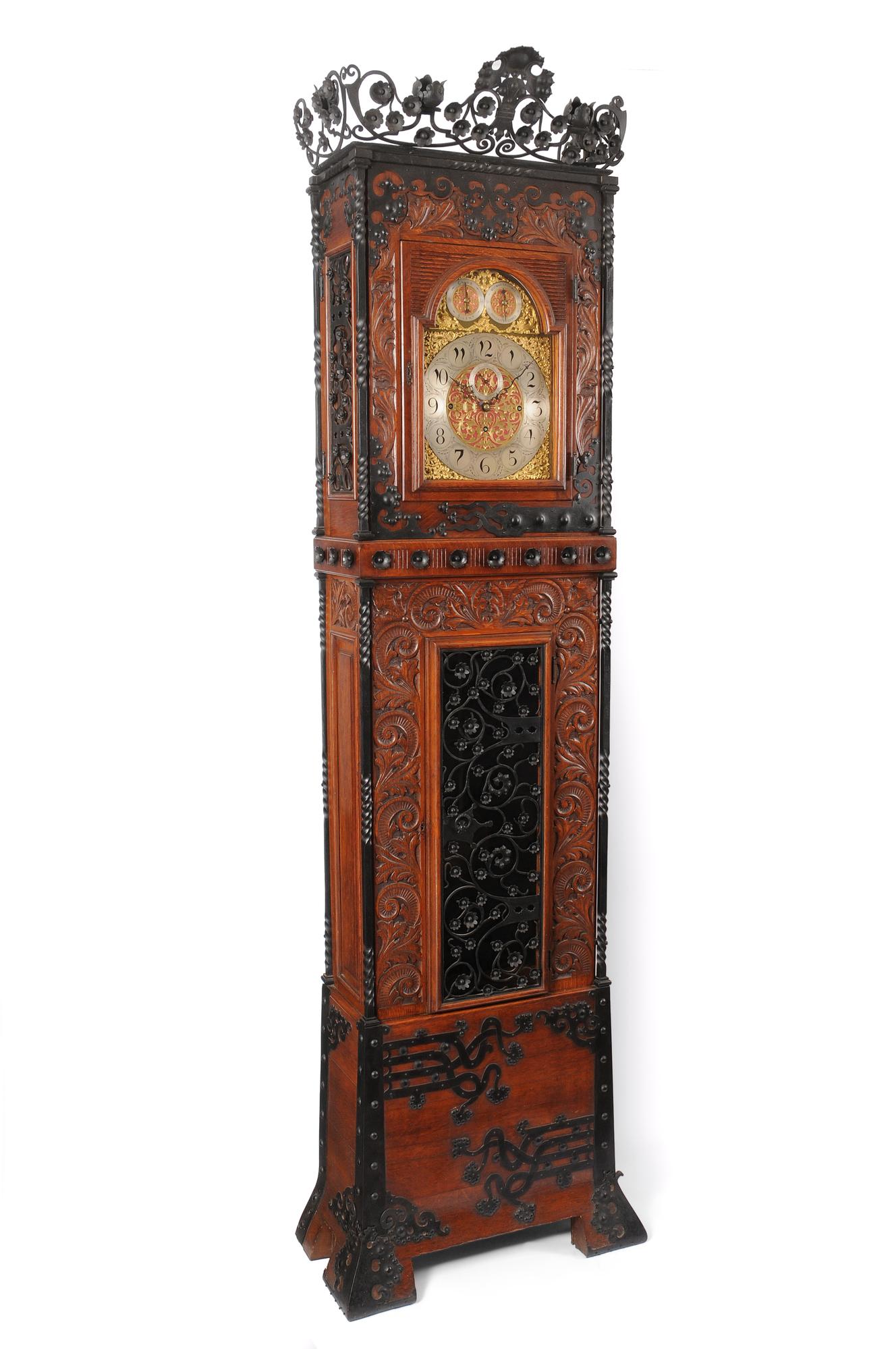 Tall Aesthetic Movement Oak and Wrought Iron Case Clock 1