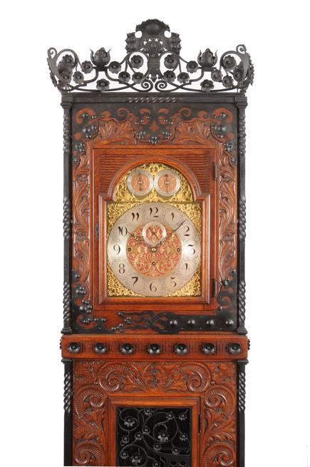 Tall Aesthetic Movement Oak and Wrought Iron Case Clock 2