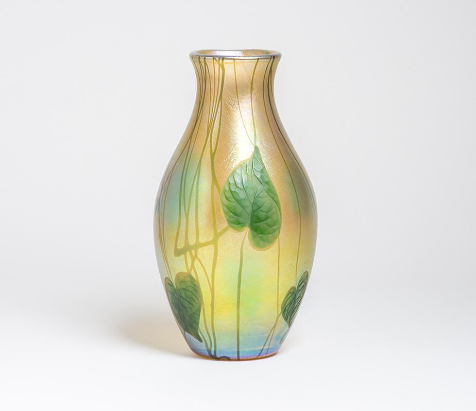 Tiffany Favrile Glass  Gold Iridescent Vase with Intaglio Leaves 1